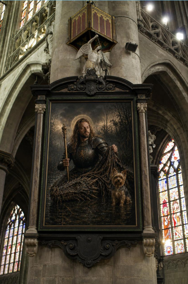 Saint Gery passant son etole au cou du dragon
